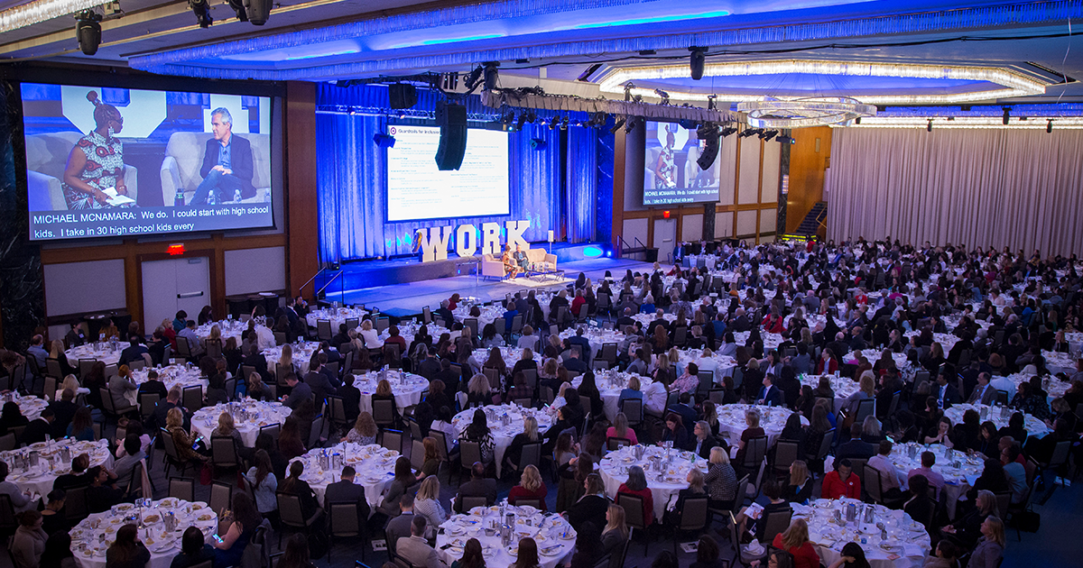 A wide photo of the 2019 Catalyst Awards fireside chat in the ballroom of the Hilton Midtown in Manhattan.