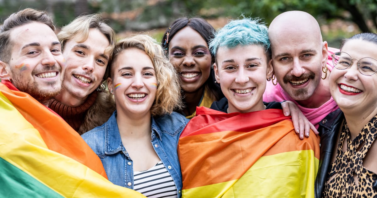 a diverse group of people facing the viewer and smiling, they are draped in the rainbow flag.