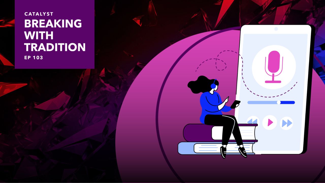 graphic for Breaking With Tradition podcast showing illustrated person sitting on a pile of books wearing headphones and pressing play on a phone with a podcast logo on the screen.