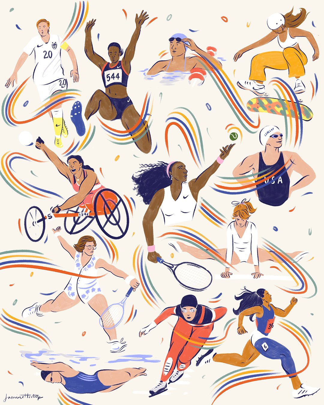 een illustratie van vrouwelijke Olympische atleten met decoratieve golven van kleuren die hen benadrukken 