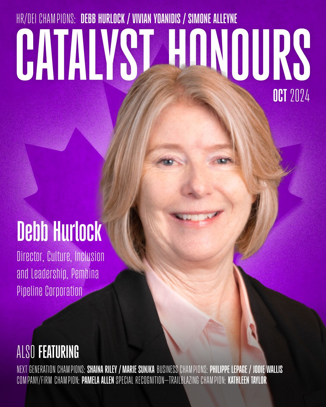 Photo of Debb Hurlock in a magazine-style treatment, with a purple background and Canadian Leaf behind her. 