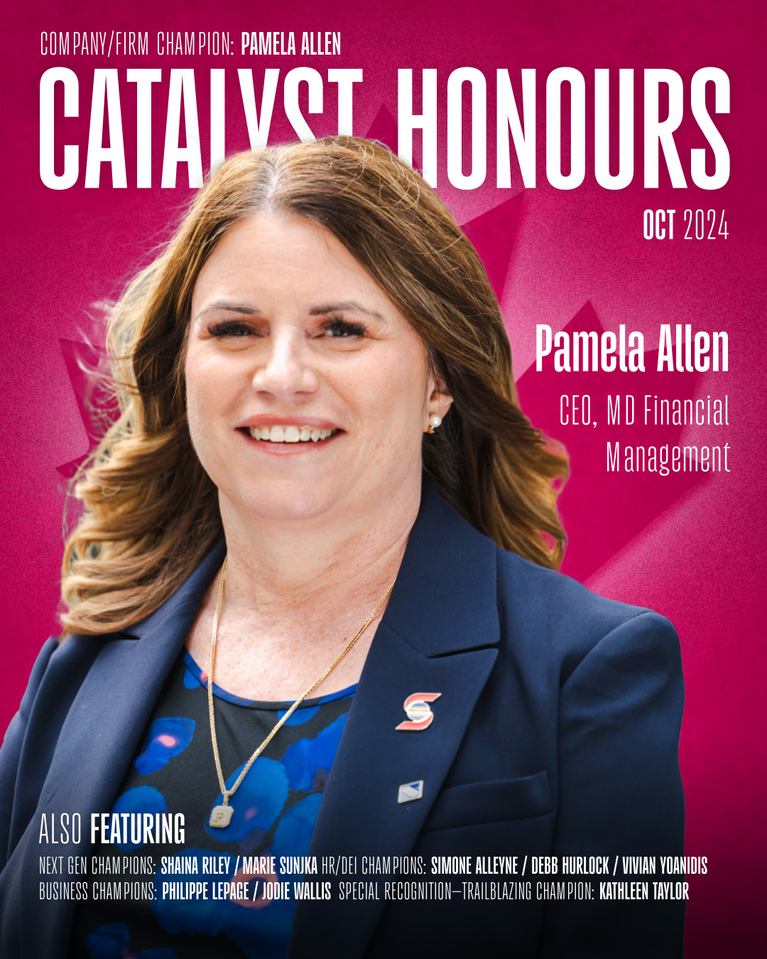 Photo of Pamela Allen with a magenta background and a Catalyst Honours magazine treatment text.