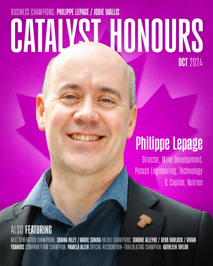 Image of Philippe Lepage with a magenta background and a Canadian maple leaf in the background with Catalyst Honours in the background. 