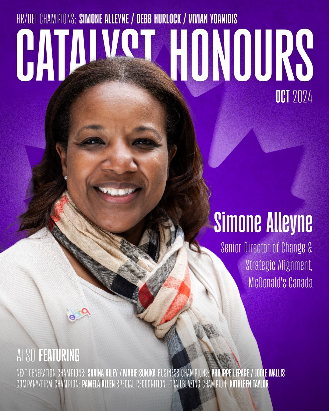 Simone Alleyne magazine cover treatment for Catalyst Honours showcasing Simone with a purple background and a Canadian maple leaf 