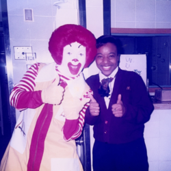 photo of Ronald McDonald and a young Simone Alleyne