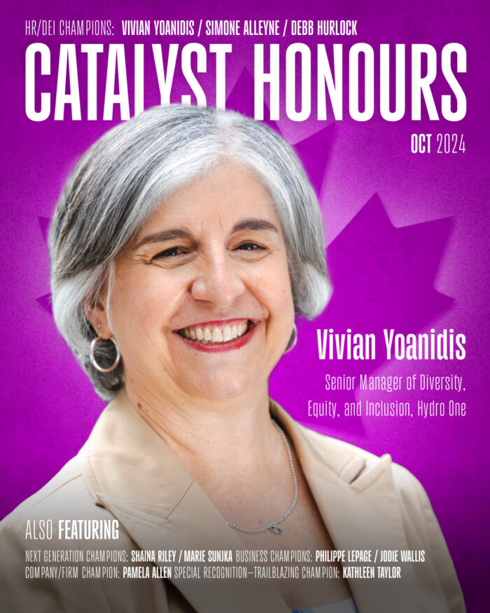 Vivian Yoanidis photo with Catalyst Honours in the background, a magenta colored background with a Canadian maple leaf is visible behind Vivian's headshot.